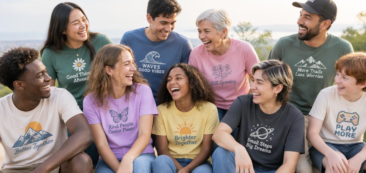 A diverse group of friends of all ages laughing together in graphic tees